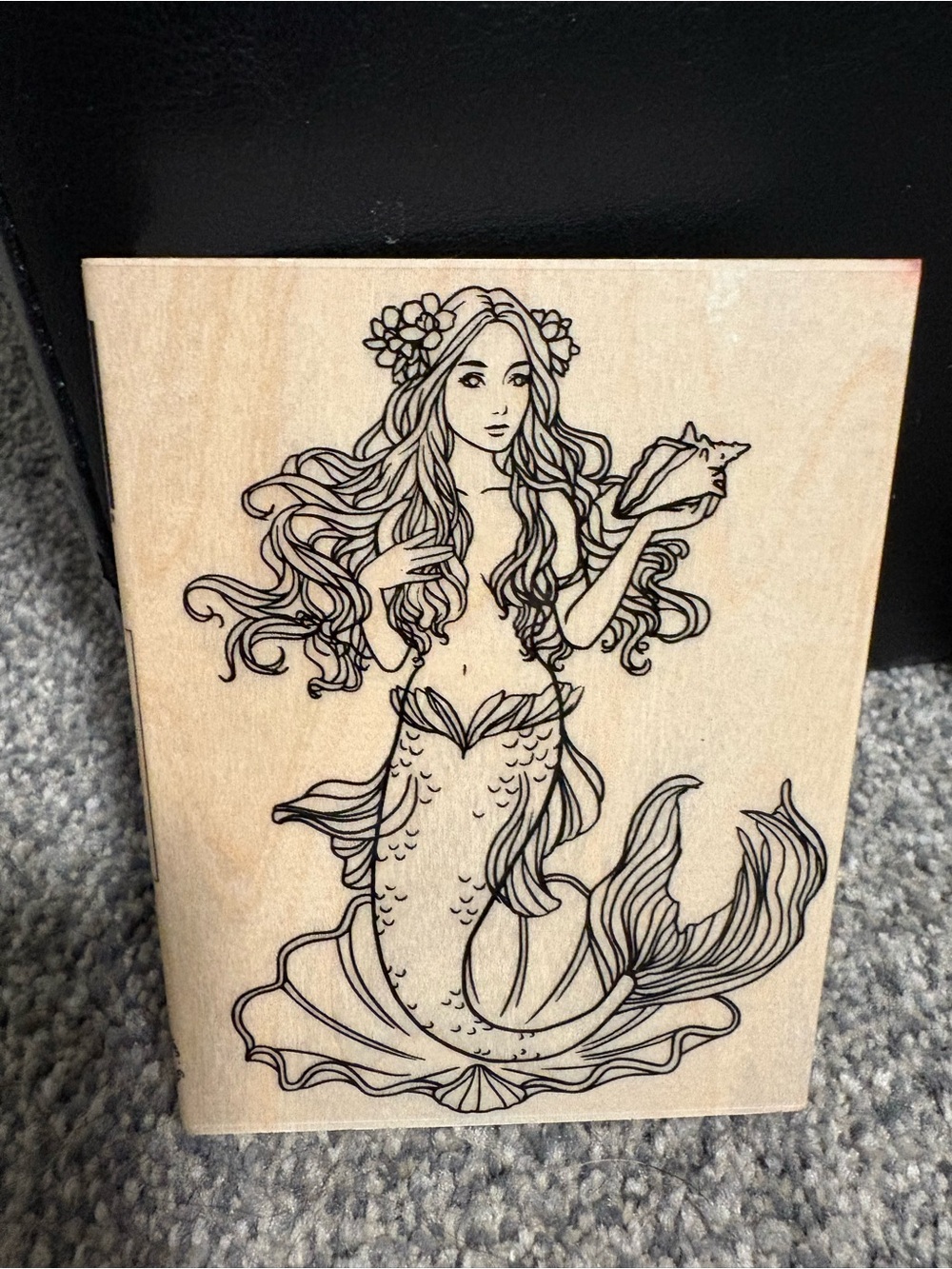 Mermaid Wood Block Art Stamp - Black Line Illustration